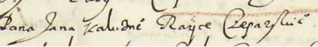 Z księgi wiertelniczej Krakowa obejmującej lata 1568–1606: fragment dokonanego w roku 1602 wpisu dotyczącego lustracji
spornego muru między posesjami obywatela kleparskiego Szymona Gąski i rajcy kleparskiego Jana Kałużnego –
zbliżenie zapisu imienia i urzędu (Archiwum Narodowe w Krakowie, sygn. rkps 1377, s. 715)