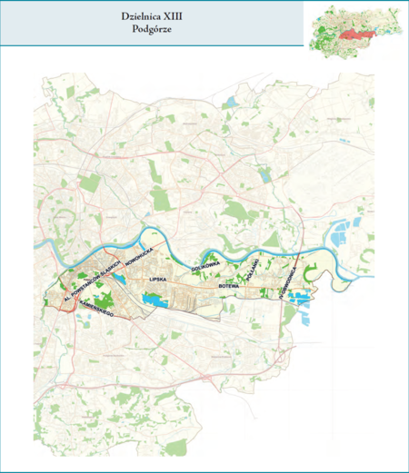 Dzielnica XIII Podgórze według stanu z 2017 r. na przywołanym wcześniej planie miasta z tego samego roku – dzielnica samorządowa
o powierzchni 25,67 km² (udział 7,85% w całej powierzchni miasta), położona na terenach historycznych jednostek katastralnych:
Podgórze, Płaszów, Rybitwy i Przewóz, po części także Wola Duchacka, Prokocim i Bieżanów, fragmentami Ludwinów i Łagiewniki
(vide plan na s. 239). Opis przebiegu granic tej dzielnicy podano na następnej stronie.