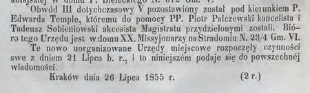 Z obwieszczenia z 1855 r. przywołującego podział Krakowa na 3 obwody miejskie komunikat
o obsadzeniu stanowisk komisarzy kierujących obwodami – tu o komisarzu Edwardzie Temple
(DRzWKK z 1855 r., nr 97, s. 387)