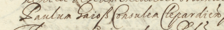Z akt sądowych wielkorządcy krakowskiego obejmujących lata 1623–1645: początkowy fragment wpisu z 1628 roku,
dokumentującego spór sądowy o obciążenie masy spadkowej po zmarłym Wojciechu Rodowicu zwanym Szatanowskim,
toczony między Janem Francowicem a Pawłem Gajoszem, rajcą kleparskim – oraz zbliżenie zapisu imienia i urzędu
(Archiwum Narodowe w Krakowie, sygn. Teut. 70, s. 372)