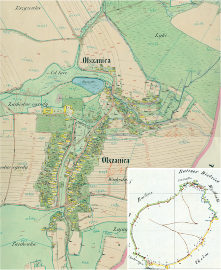 Centrum Olszanicy na mapie katastralnej sporządzonej dla gminy katastralnej Olszanica w 1850 roku oraz
pochodzący z 1847 roku plan sytuacyjny z wyrysowanymi granicami gminy Olszanica i lokalizacją gmin sąsiadujących
(Archiwum Narodowe w Krakowie, sygn. K. Krak. 402 I, V; sygn. WM 563a, nlb.)