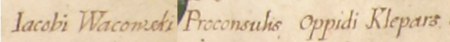Dokument wydany w 1685 roku w Warszawie, w którym Jan III Sobieski zezwala na utworzenie w Kleparzu cechu szewców
oraz zatwierdza jego statut, co czyni na przedłożenie rajców kleparskich z ówczesnym burmistrzem Jakubem Waczowskim
na czele – oraz zbliżenie zapisu imienia i funkcji (Archiwum Narodowe w Krakowie, sygn. perg. 1264)