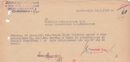 Z akt magistrackich pismo z 1948 r. sporządzone przez naczelnika Ferdynanda Mrozińskiego
w sprawie podległego pracownika, który został zabrany na przesłuchanie do Komisji Specjalnej
(Archiwum Zakładowe Urzędu Miasta Krakowa)