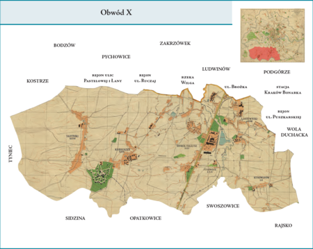 Obwód X według stanu z roku 1941 na przywołanym wcześniej planie miasta z 1943 r. – czwarta z dzielnic
administracyjnych zlokalizowanych w całości na terenach nowo przyłączonych w 1941 r. do granic miasta.
Swoją powierzchnią obejmowała dzielnice katastralne XXIII–Łagiewniki, XXIV–Jugowice, XXV–Borek
Fałęcki, XXVI–Kobierzyn, XXVII–Skotniki i LII–Kurdwanów. Obwód X zajął zatem tereny, o które
poszerzono miasto od strony południowo-zachodniej. Użyte przy powyższym planie dzielnicy nazwy terenowe
podano według nazewnictwa obowiązującego aktualnie.