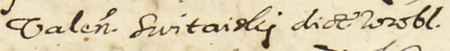 Z księgi miejskiej Kazimierza zawierającej indeks rzeczowy wpisów do kazimierskich ksiąg radzieckich z lat 1530–1603:
fragment kopii wpisu elekcji rady urzędującej na rok 1590; wśród powołanych Walenty Świtalski zwany Wróbel –
zbliżenie zapisu imienia (Archiwum Narodowe w Krakowie, sygn. K 176, s. 210)