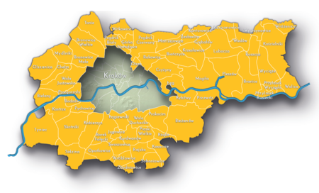 Na planie obrazującym dzisiejsze granice Krakowa miejscowości przyłączone do Krakowa po 1915 roku,
oznaczone kolorem żółtym określającym ich przynależność państwową w latach 1846–1918 do cesarstwa austriackiego
(od 1867 roku monarchii austro-węgierskiej)