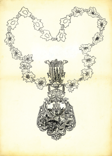 (397) Wykonany na zamówienie władz miejskich w 1909 r. przez artystę rzeźbiarza i cyzelera Mariana Sługockiego projekt odznaki (łańcucha) dla radców
miejskich (radnych) ówczesnej krakowskiej Rady Miejskiej; projekt ten zawierał „wszystko”: herb Krakowa, koronę nad skrzyżowanymi berłami (nawiązanie
do Uniwersytetu Jagiellońskiego), sylwetki kościoła Mariackiego, Wawelu i Ratusza, ale też wizerunek smoka wawelskiego, szczególnie eksponowanego
wielkością oraz wypukłością aż na 3 mm. W roku 1910, w związku z utworzeniem Wielkiego Krakowa, projekt ten został zmodyfikowany: ogniwami
łańcucha miały stać się liście, na których ułożone zostałyby herby gmin przyłączonych do Krakowa. Zbliżająca się wojna przekreśliła te plany
(ANK, sygn. Kr 4404, nlb)