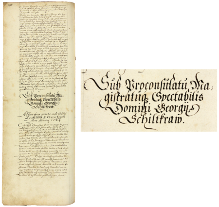 Z księgi radzieckiej obejmującej lata 1581–1584 strona 798 z nagłówkiem otwierającym wpisy spraw prowadzonych
za kadencji burmistrzowskiej Jerzego Schilkry w 1584 roku – oraz powiększenie zapisu imienia i funkcji burmistrza
(Archiwum Państwowe w Krakowie, sygn. rkps 448, s. 798)