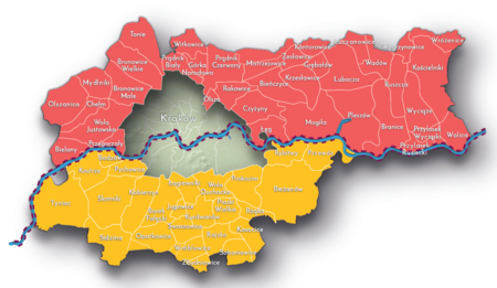 Na planie zakreślającym dzisiejsze granice Krakowa miejscowości przyłączone do Krakowa po 1915 roku, oznaczone kolorami
określającymi ich przynależność wojewódzką i prowincjonalną dla okresu do pierwszego rozbioru Polski w 1772 roku:
do województwa krakowskiego – kolorem czerwonym, do Królestwa Galicji i Lodomerii, kraju prowincjonalnego monarchii
habsburskiej – kolorem żółtym