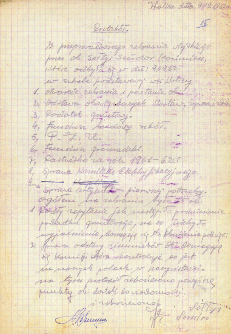 Z akt Prezydium Gromadzkiej Rady Narodowej w Wyciążu fragment protokołu
zebrania wiejskiego przeprowadzonego w 1962 roku we wsi Wolica
(Archiwum Narodowe w Krakowie, sygn. 29/1112/125, nlb.)