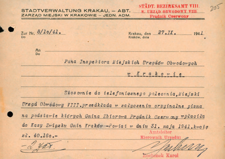 Z akt Starostwa Miejskiego Krakowskiego wyjaśnienie złożone w 1941 r. przez kierownika
Karola Bochenka w sprawie wpłat do Kasy Związku Gmin Kraków–Powiat
(Archiwum Narodowe w Krakowie, sygn. SMKr 79, s. 205)