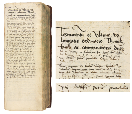 Z księgi testamentów obejmującej lata 1427–1623 strona 217 z wpisem z 1521 roku stwierdzającym, że w czwartek,
w dzień św. Wawrzyńca, Tomek, sługa i dzwonnik na ratuszu, złożył swoje zeznanie testamentowe w obecności rajców
Piotra Morsztyna, wówczas burmistrza, Kaspra Bera (nr 301) i Mikołaja Stana (nr 323) – oraz powiększenie zapisu imienia
i funkcji burmistrza (Archiwum Państwowe w Krakowie, sygn. rkps 772, s. 217)