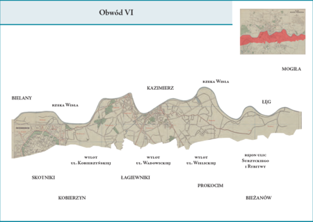 Obwód VI według stanu z roku 1951 na przywołanym wcześniej planie miasta z 1957 r. – dzielnica administracyjna
z wyjątkiem fragmentu Płaszowa analogiczna do Obwodu VI z poprzedniego podziału wewnętrznego miasta, obejmującą
zatem w całości dzielnice katastralne IX–Ludwinów, X–Zakrzówek, XI–Dębniki, XXII–Podgórze, XXVIII–Pychowice,
XXIX–Bodzów, XXX–Kostrze i XLVI–Rybitwy, jak też XXI–Płaszów, jednak bez północnego, lewobrzeżnego
fragmentu, włączonego do Dzielnicy Nowa Huta. Użyte przy powyższym planie dzielnicy nazwy terenowe podano według
nazewnictwa obowiązującego aktualnie.