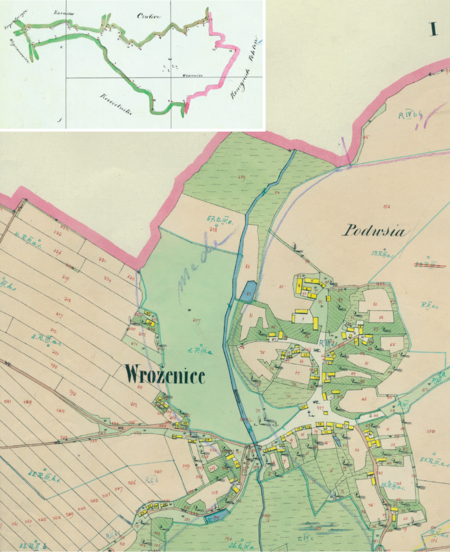 Centrum Wróżenic na mapie katastralnej sporządzonej dla gminy katastralnej Wróżenice w 1850 roku oraz pochodzący
z lat 1847–1848 plan sytuacyjny z wyrysowanymi granicami gminy Wróżenice i lokalizacją gmin sąsiadujących
(Archiwum Narodowe w Krakowie, sygn. K. Krak. 706 II; sygn. WM 563a, nlb.)