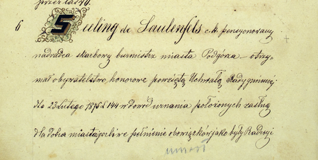 Z Księgi Obywateli Miasta Podgórza: wpis z 1875 roku uwieczniający honorowe obywatelstwo miasta Podgórza nadane
Ferdynandowi Seelingowi de Saulenfels (Archiwum Narodowe w Krakowie, sygn. P 33, s. 6)
