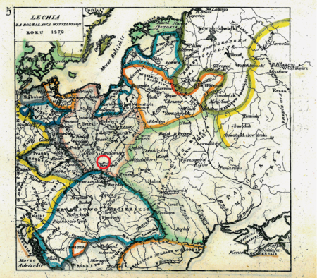 Mapa nr 5
Terytorium ziemi krakowskiej na mapie przedstawiającej państwo polskie u schyłku rozbicia dzielnicowego,
w roku śmierci Bolesława Wstydliwego, księcia krakowsko-sandomierskiego (1279)