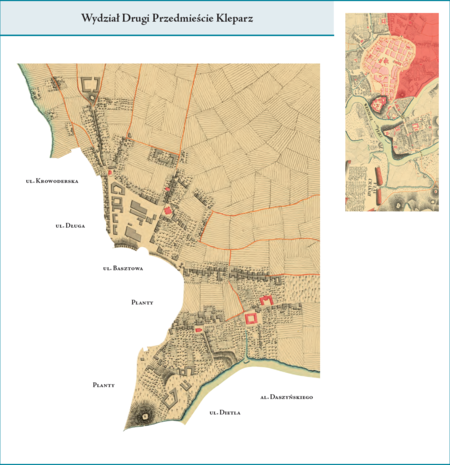 Wydział Drugi Przedmieście Kleparz według stanu z roku 1802 na przywołanym wcześniej planie miasta z 1792 r.
W granicach tej dzielnicy, którą stanowił Wydział Drugi, znajdowały się Kleparz oraz dawne jurydyki, których przyłączenie
do Krakowa ostatecznie potwierdzono w 1802 r. Dla obszaru złożonego z szeregu byłych jurydyk położonych po wschodniej
stronie miasta przyjęła się zbiorcza nazwa „Wesoła” (od nazwy jednej z tych jurydyk), z czasem ten teren stanie się
wyodrębnionym Przedmieściem Wesoła. W omawianym okresie ta część miasta już bywała eksponowana w nazwie Wydziału
Drugiego – w aktach magistrackich spotykamy nazwę tego wydziału w postaci „Przedmieście Kleparz z Wesołą”. Użyte przy
powyższym planie wydziału nazwy terenowe podano według nazewnictwa obowiązującego aktualnie.