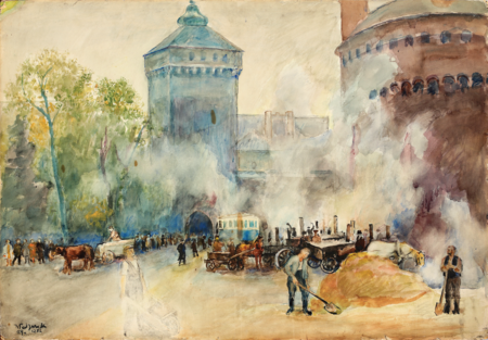 (104) Niedokończona akwarela Władysława Jarockiego Kraków kończy zobowiązania 1-Majowe – asfaltowanie ulicy przy Barbakanie, namalowana
w 1952 r. Przez dym unoszący się z asfaltu widoczny biało-niebieski tramwaj na trasie prowadzącej przez Bramę Floriańską. To jeden z ostatnich takich
widoków, jako że jeszcze w tym samym roku tramwaje znikną z Rynku Głównego i ulic do niego przyległych (MK, nr inw. MHK 2768/III)