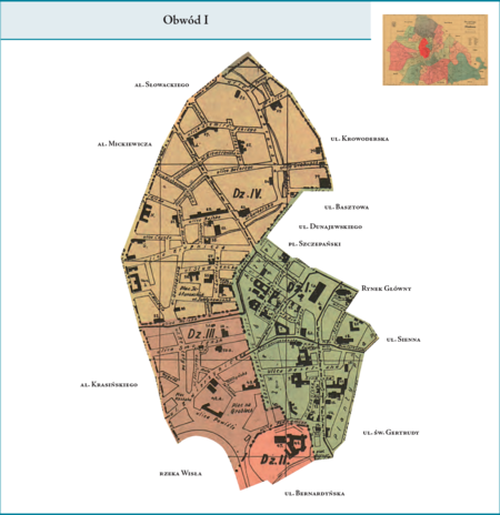 Obwód I według stanu z roku 1924 na przywołanym wcześniej planie miasta z 1925 r. – tę dzielnicę administracyjną
stanowiły: część dzielnicy katastralnej I–Śródmieście (z Rynkiem Głównym) oraz w całości dzielnice katastralne
II–Wawel, III–Nowy Świat i IV–Piasek. W zasadzie była to zachodnia i północno-zachodnia część Krakowa sprzed
przyłączeń dokonanych w ramach tworzenia Wielkiego Krakowa, tj. sprzed 1910 r. Użyte przy powyższym planie
dzielnicy nazwy terenowe podano według nazewnictwa obowiązującego aktualnie.