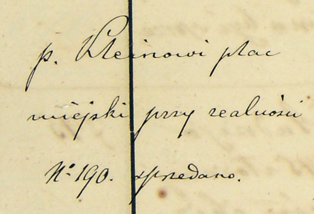 Z księgi uchwał rady gminnej miasta Podgórza obejmującej lata 1867–1875: wpis uchwały z 1870 roku dotyczącej sprzedania
Romanowi Kleinowi miejskiej parceli położonej przy rynku, na ulgowych warunkach, jednak pod rygorem zainstalowania
i utrzymywania w wybudowanym tam domu poczty lub biura telegraficznego – oraz zbliżenie wpisu przedmiotu uchwały
(Archiwum Narodowe w Krakowie, sygn. P 5, s. 175)