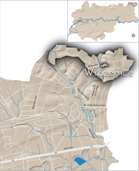 Orientacyjna lokalizacja dawnej wsi Wróżenice w obecnych granicach Krakowa – na planie miasta oznaczono
jej położenie w kształcie wyznaczonym granicami jednostki katastralnej, jaką stanowiła, ze wskazaniem
najstarszego, historycznego centrum Wróżenic w rejonie dzisiejszych ulic Wróżenickiej i Ostrówka