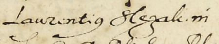 Z księgi miejskiej Kazimierza zawierającej indeks rzeczowy wpisów do kazimierskich ksiąg radzieckich
z lat 1530–1603: fragment kopii wpisu elekcji rady urzędującej na rok 1577; wśród powołanych Wawrzyniec Slezak –
zbliżenie zapisu imienia (Archiwum Narodowe w Krakowie, sygn. K 176, s. 206)