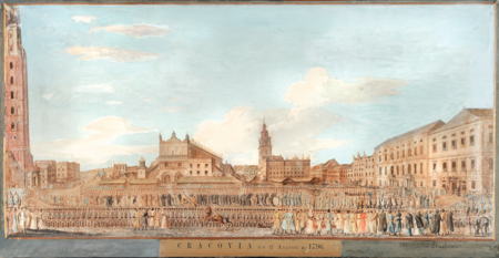 (319) Wjazd Auersperga do Krakowa w r. 1796, gwasz Michała Stachowicza (także pod tytułem Pochód orszaku księcia Karola Auersperga z pałacu
Spiskiego do kościoła Mariackiego 17.8.1796), widok od strony wylotu ul. św. Jana. Książę Auersperg, cesarski szambelan, komisarz pełnomocny cesarza
Franciszka II odebrał hołd dziedziczny na ziemiach przyłączonych do cesarstwa austriackiego (Zachodnia Galicja) – w czasie tego aktu prezydent miasta
Filip Nereusz Lichocki wręczył mu klucze do bram Krakowa (MK, nr inw. 569/III)