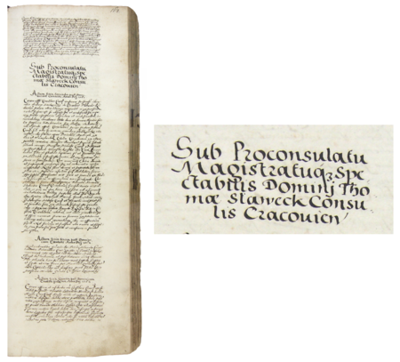 Z księgi radzieckiej obejmującej lata 1581–1584 strona 167 z nagłówkiem otwierającym wpisy spraw prowadzonych
za kadencji burmistrzowskiej Tomasza Sławka w 1582 roku – oraz powiększenie zapisu imienia i funkcji burmistrza
(Archiwum Państwowe w Krakowie, sygn. rkps 448, s. 167)