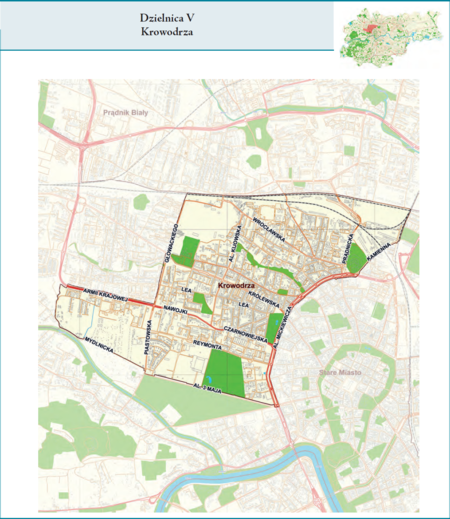 Dzielnica V Krowodrza według stanu z 2017 r. na przywołanym wcześniej planie miasta z tego samego roku – dzielnica samorządowa
o powierzchni 5,62 km² (udział 1,72% w całej powierzchni miasta), położona na terenach historycznych jednostek katastralnych:
Nowa Wieś i Czarna Wieś, po części także Krowodrza i Łobzów, fragmentami Kleparz i Bronowice Wielkie (vide plan na s. 239).
Opis przebiegu granic tej dzielnicy podano na następnej stronie.