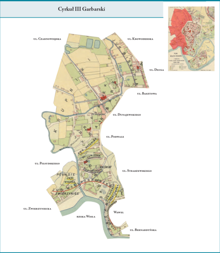 Cyrkuł III Garbarski według stanu z roku 1792 na przywołanym wcześniej planie miasta zrekonstruowanym w 1926 r. Centrum tej
dzielnicy stanowiła dawna jurydyka miejska Garbary, aktualnie wraz z innymi jurydykami przyłączona do miasta Krakowa. Cyrkułem III
objęto tereny położone na północ od Garbar, aż po b. jurydykę Biskupie, czyli ul. Krowoderską, oraz tereny leżące na południe od Garbar,
aż po b. jurydykę Podzamcze leżącą w zakolu Wisły u stóp wzgórza wawelskiego (dzisiejszy bulwar Czerwieński). Użyte przy powyższym
planie dzielnicy nazwy terenowe podano według nazewnictwa obowiązującego aktualnie.
