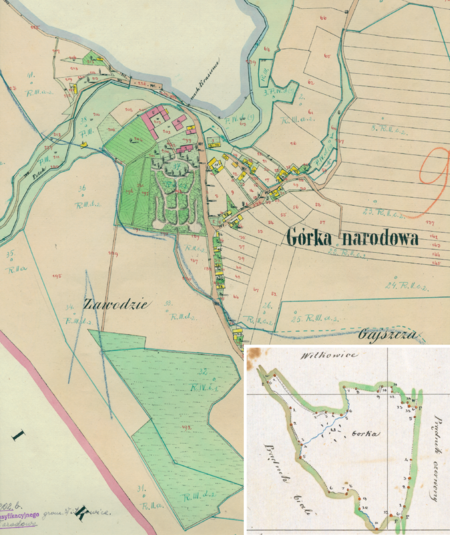 Centrum Górki Narodowej na mapie katastralnej sporządzonej dla gminy katastralnej Górka Narodowa w 1850 roku oraz
pochodzący z 1847 roku plan sytuacyjny z wyrysowanymi granicami gminy Górka Narodowa i lokalizacją gmin sąsiadujących
(Archiwum Narodowe w Krakowie, sygn. K. Krak. 176 II; sygn. WM 562, s. 1177)