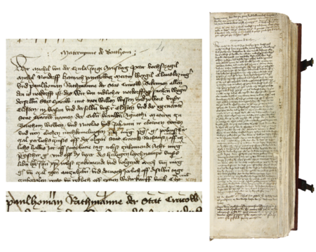 Z kopiariusza dokumentów miejskich zawierającego wpisy z lat 1412–1548 strona 7 z wpisem z roku 1412,
stwierdzającym, że rada miejska odsprzedaje wdowie Agnieszce z Bytomia i jej synom jeden z czynszów miejskich z prawem
odkupu („na widerkauf”), gdzie wśród rajców aktualnie urzędujących został wymieniony Paweł Homan – oraz powiększenie
zapisu imienia i urzędu rajcy (Archiwum Państwowe w Krakowie, sygn. rkps 1358, s. 7)