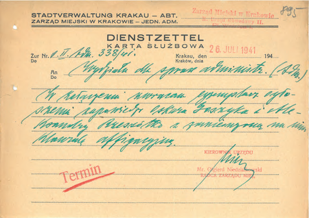 Z Akt zapowiedzi ślubów cywilnych 1929–1944 sporządzona w 1941 r.
przez kierownika Olgierda Niedziałkowskiego
karta służbowa z notatką dotyczącą ogłoszenia zapowiedzi ślubnych
(Archiwum Narodowe w Krakowie, sygn. Kr 2469, s. 895)