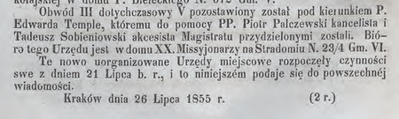 Z obwieszczenia z 1855 r. przywołującego podział Krakowa na 3 obwody miejskie komunikat
o obsadzeniu stanowisk komisarzy kierujących obwodami – tu o komisarzu Edwardzie Temple
(DRzWKK z 1855 r., nr 97, s. 387)