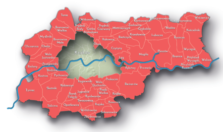 Na planie zakreślającym dzisiejsze granice Krakowa miejscowości przyłączone do Krakowa po 1915 roku, oznaczone
kolorem czerwonym określającym dla lat 1809–1815 ich przynależność do departamentu krakowskiego w ramach
Księstwa Warszawskiego (zamieszczone tu godło nie jest herbem departamentu, lecz całego Księstwa)