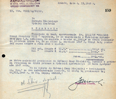 Z magistrackich Akt kontroli miejskich urzędów obwodowych w Krakowie 1946–1950 sporządzone
w 1948 r. przez naczelnika Franciszka Jasionowskiego wyjaśnienie związane z wynikami wcześniejszej kontroli
(Archiwum Narodowe w Krakowie, sygn. 29-699-683, nlb)