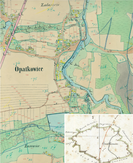Centrum Opatkowic na mapie katastralnej sporządzonej dla gminy katastralnej Opatkowice w 1848 roku oraz
pochodzący z 1845 roku plan sytuacyjny z wyrysowanymi granicami tej gminy oraz lokalizacją gmin sąsiadujących
(Archiwum Narodowe w Krakowie, sygn. K. Krak. 408 IV; sygn. K. Krak. op. 102, s. 3)