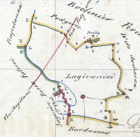 Centrum Łagiewnik na mapie katastralnej sporządzonej dla gminy katastralnej Łagiewniki w 1848 roku oraz pochodzący
z 1844 roku plan sytuacyjny z wyrysowanymi granicami gminy Łagiewniki oraz lokalizacją gmin sąsiadujących
(Archiwum Narodowe w Krakowie, sygn. K. Krak. 336 IV; sygn. K. Krak. op. 83, s. 1)