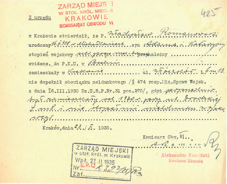 Z akt Przekroczenia meldunkowe, doniesienia o braku meldunku 1934–1935 sporządzona w 1935 r.
przez komisarza Aleksandra Kamińskiego notatka służbowa o niedopełnieniu obowiązku meldunkowego
(Archiwum Narodowe w Krakowie, sygn. Kr 5383, s. 425)