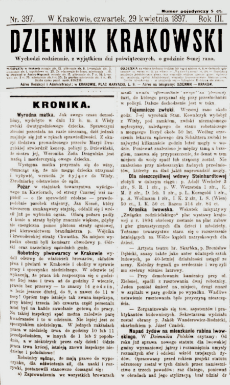Notka prasowa Pożar o wizji lokalnej dokonanej przez komisarza Franciszka Górskiego w związku
z pożarem w stajniach towarzystwa wyścigowego na Kawiorach
(„Dziennik Krakowski” 1897, nr 397, s. 1, 5)