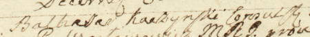 Z księgi radzieckiej Kleparza obejmującej lata 1758–1763: fragment wpisu z 1760 roku
odnotowującego bezskuteczne wzywanie rajcy Baltazara Kaczyńskiego, czynione w imieniu sądu grodzkiego krakowskiego
przez tamtejszego woźnego Kazimierza Wacławowicza – zbliżenie zapisu imienia i urzędu
(Archiwum Narodowe w Krakowie, sygn. KL 49, s. 202)