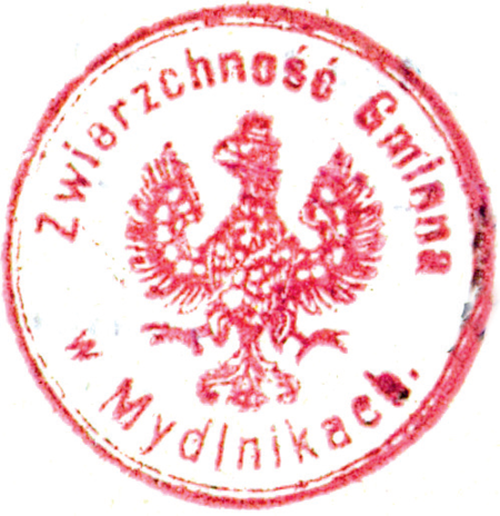 (1925)
Odciski pieczęci urzędowych Mydlnik
z lat 1865, 1925 i 1947
(Archiwum Narodowe w Krakowie,
sygn. T.Schn. 1104, nlb.;
sygn. PUZKr 53, nlb.; sygn. Gm. Zab. 9, s. 963)