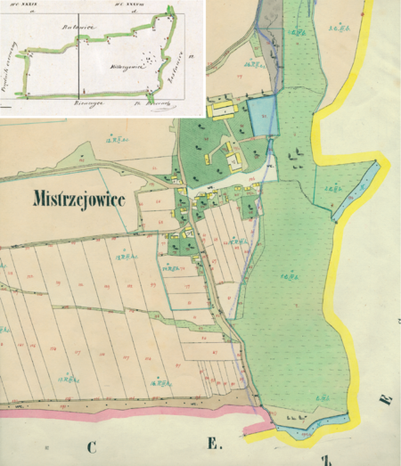 Centrum Mistrzejowic na mapie katastralnej sporządzonej dla gminy katastralnej Mistrzejowice w 1850 roku oraz pochodzący
z lat 1847–1848 plan sytuacyjny z wyrysowanymi granicami gminy Mistrzejowice i lokalizacją gmin sąsiadujących
(Archiwum Narodowe w Krakowie, sygn. K. Krak. 355 II; sygn. WM 563a, s. 1)
