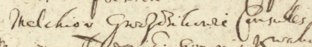 Z księgi wójtowskiej Kleparza obejmującej lata 1649–1653: fragment wpisu z 1651 roku
dotyczącego testamentu rajcy Szymona Kwakowicza (nr 132), którego to aktu świadkiem
był między innymi Melchior Gwoździkowicz, rajca kleparski – zbliżenie zapisu imienia i urzędu
(Archiwum Narodowe w Krakowie, sygn. KL 11, s. 208)