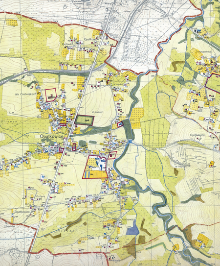 Z dokumentacji Biura Rozwoju Krakowa dotyczący wsi Opatkowice fragment sporządzonej w 1968 roku
Inwentaryzacji bezpośredniej użytkowania terenu i budynków dla gromady Swoszowice
(Archiwum Narodowe w Krakowie, sygn. 29/1405/2331)