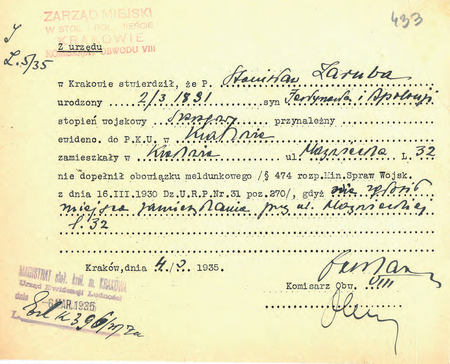 Z akt Przekroczenia meldunkowe, doniesienia o braku meldunku 1934–1935
sporządzona w 1935 r. przez komisarza Teodora Obraczaya notatka służbowa
o niedopełnieniu obowiązku meldunkowego
(Archiwum Narodowe w Krakowie, sygn. Kr 5383, s. 433)