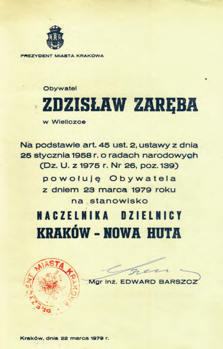 Dokument dokonanego w 1979 r. przez prezydenta miasta Krakowa aktu nominacji na stanowisko naczelnika Dzielnicy Nowa Huta (z akt Urzędu Miasta Krakowa)