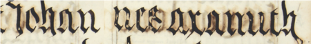 Z księgi radzieckiej Kazimierza obejmującej lata 1481–1508: fragment wpisu dokumentującego
wybór rady urzędującej na 1502 rok, z Janem Aksamitem w składzie – oraz zbliżenie zapisu imienia
(Archiwum Narodowe w Krakowie, sygn. K 7, s. 424–425)