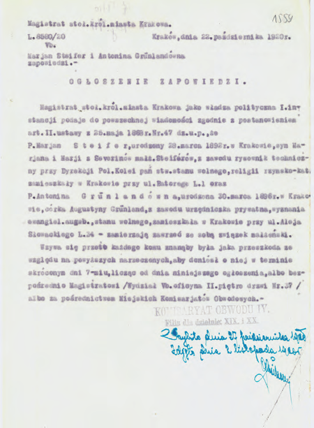Z Akt zapowiedzi ślubów cywilnych 1914–1925 ogłoszenie zapowiedzi z 1920 r., na którym zastępca
komisarza Guzikowski sygnował poświadczenie, że ogłoszenie wywieszono na tablicy urzędowej
(Archiwum Narodowe w Krakowie, sygn. Kr 2468, s. 1559)