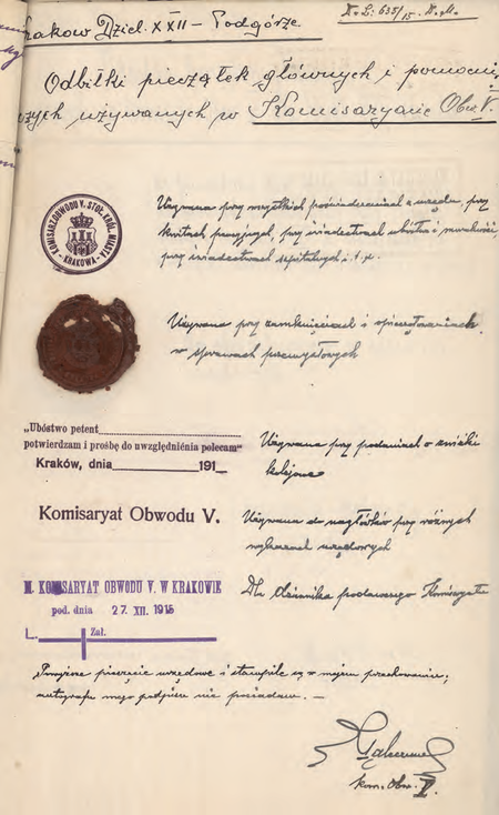 Z akt magistrackich strona pierwsza składanego w 1915 r. przez komisarza
Stefana Palecznego wykazu pieczęci używanych w Miejskim Komisariacie Obwodu V
(Archiwum Narodowe w Krakowie, sygn. IT 1038, nlb)